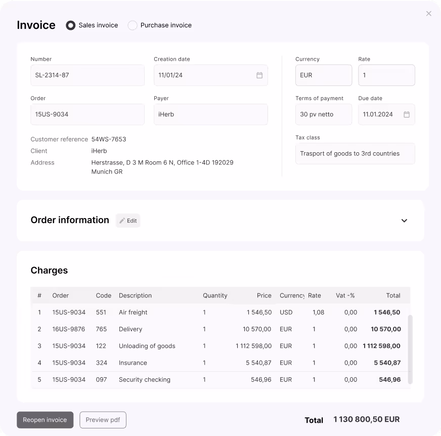 Logistics SaaS Platform - счет